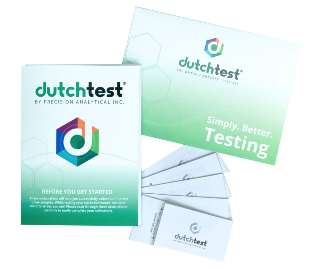 The DUTCH Complete test kit: instruction booklet, kit folder and dried urine collection strips